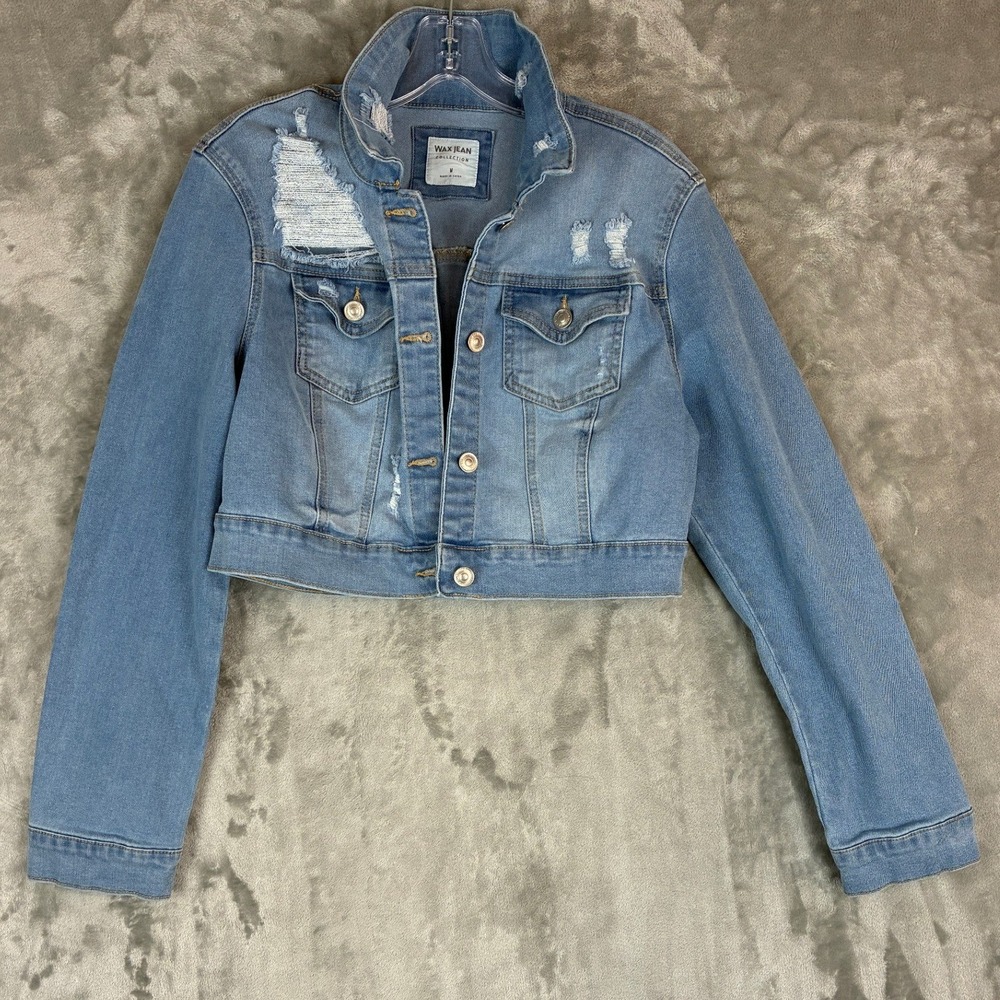 Wax Jean Distressed Cropped Denim Jacket Light Wash Womens Medium Distressed